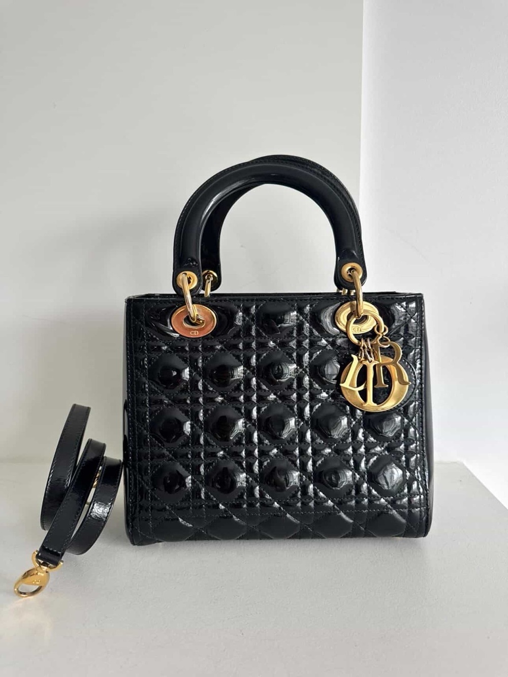 Dior Black Quilted Patent Leather Lady Bag with Gold Hardware
